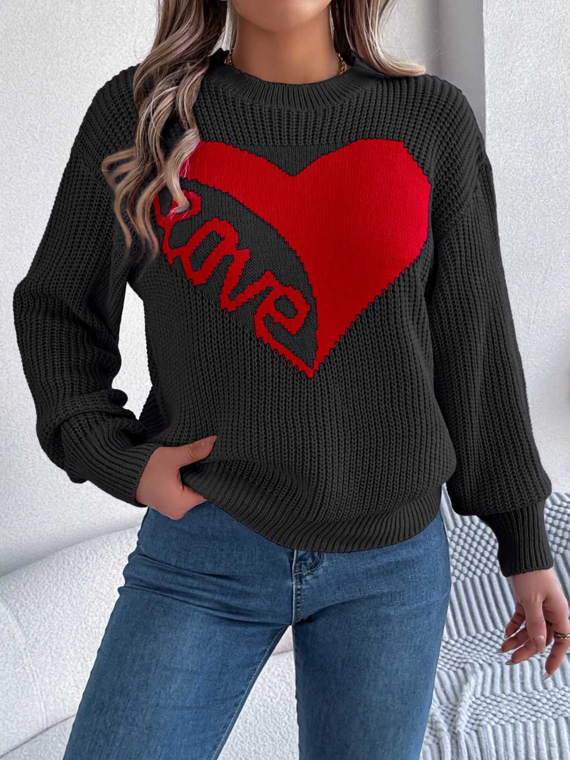 LOVE Heart Round Neck Dropped Shoulder Sweater - Image 15