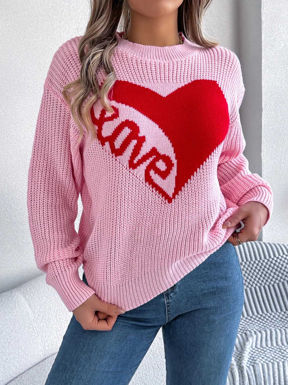LOVE Heart Round Neck Dropped Shoulder Sweater - Image 3