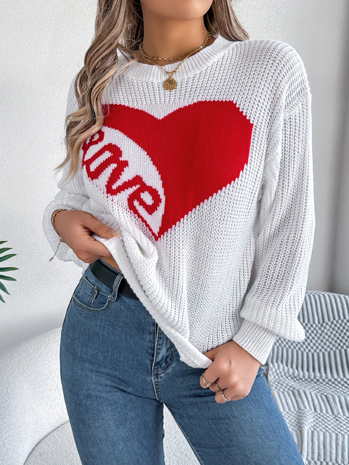 LOVE Heart Round Neck Dropped Shoulder Sweater - Image 7