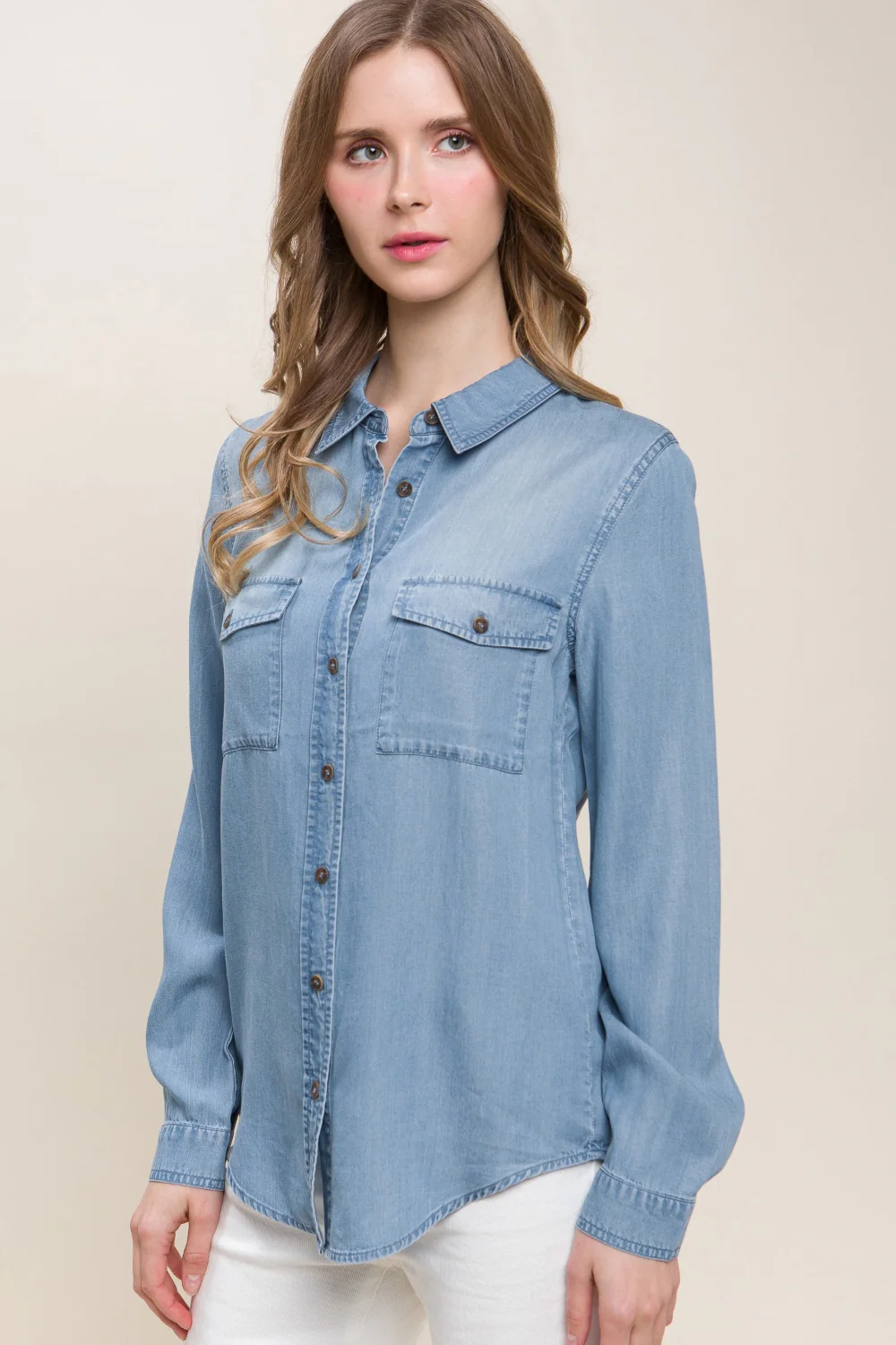 Love Tree Scooped Hem Button Up Denim Shirt - Image 3