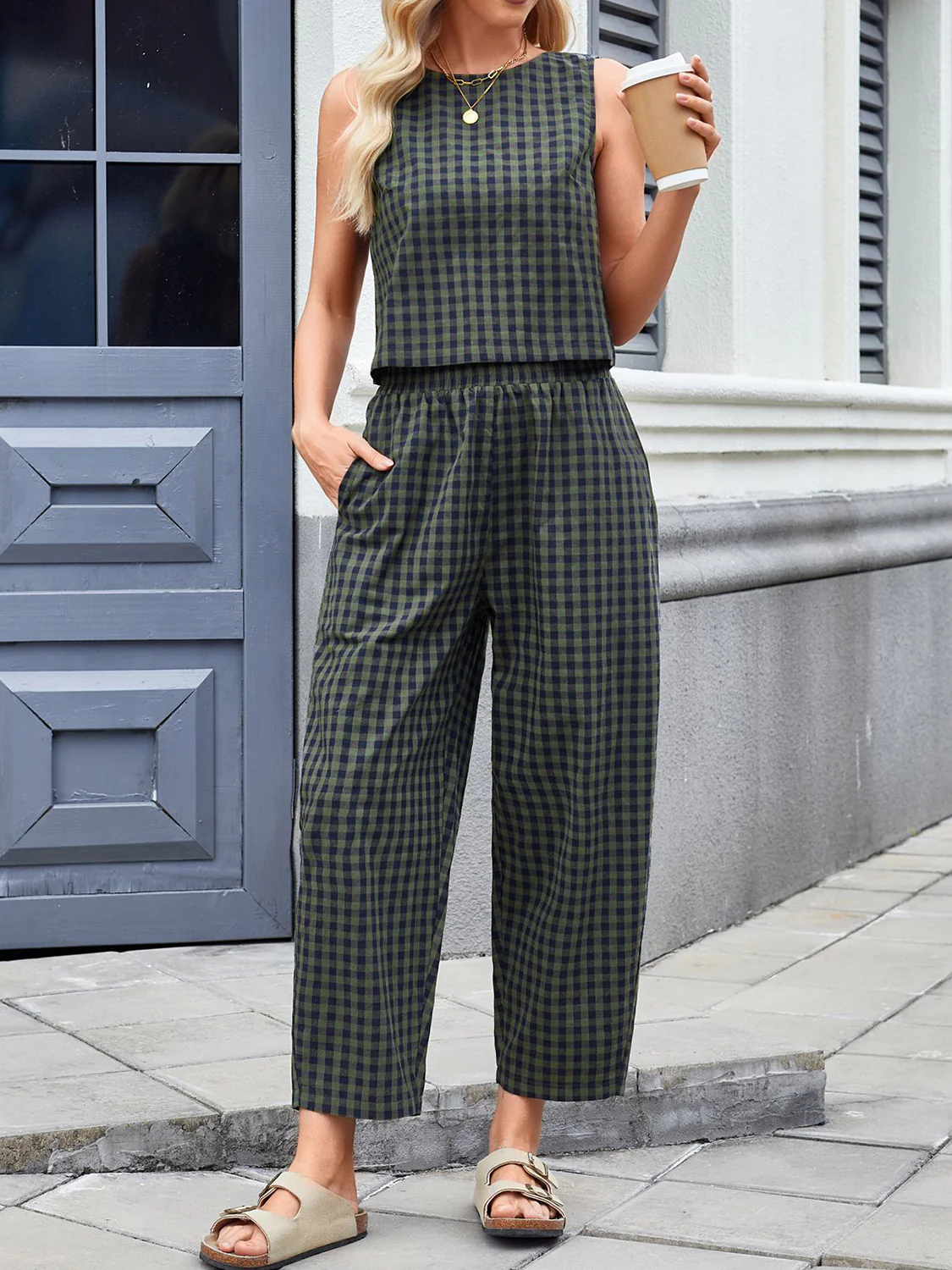 Lovelet Plaid Round Neck Sleeveless Top and Pants Set - Image 21