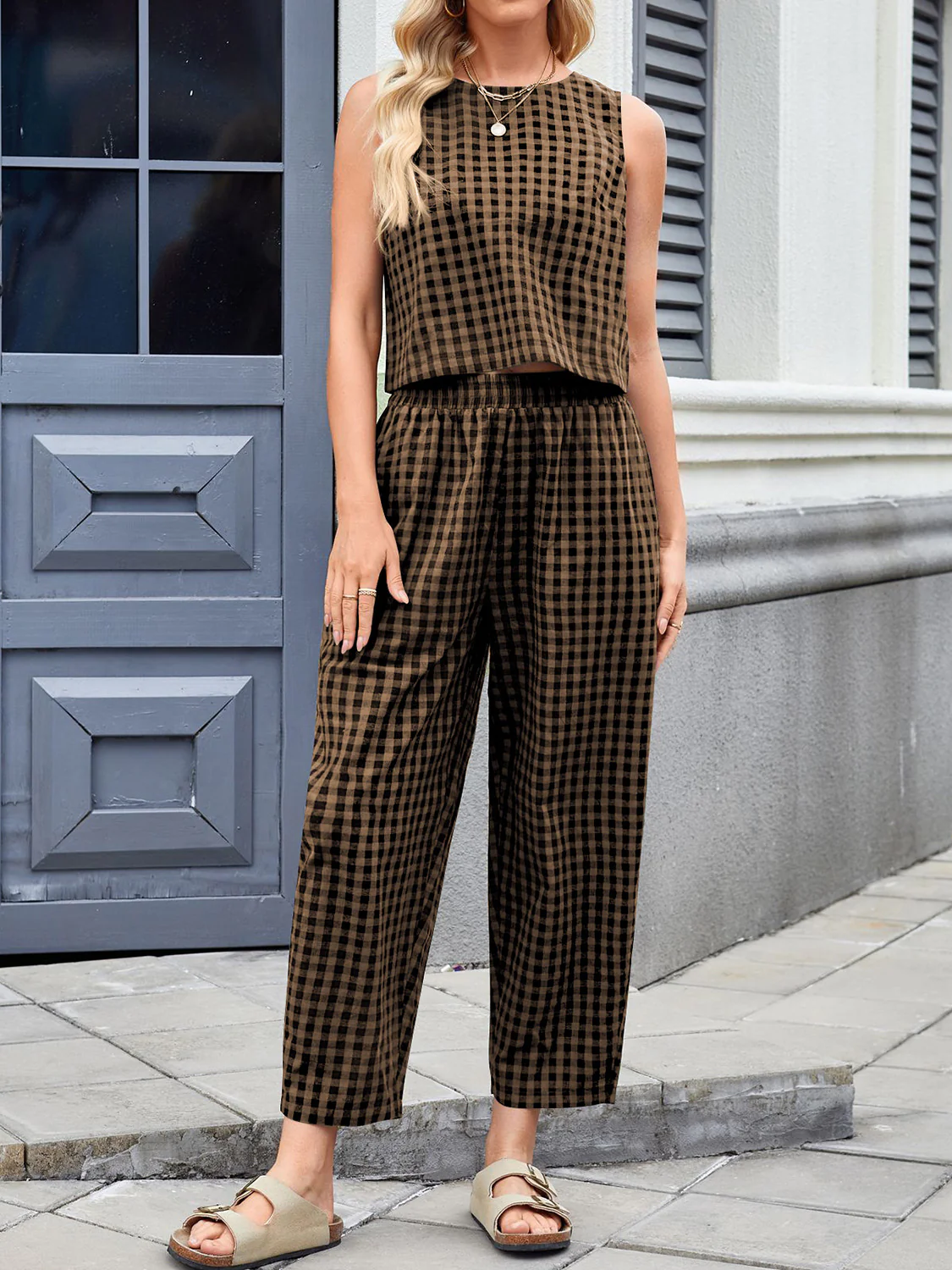 Lovelet Plaid Round Neck Sleeveless Top and Pants Set - Image 8