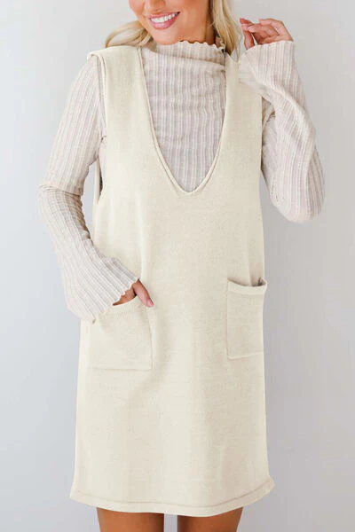Lovelet Pocketed V-Neck Mini Sweater Overall Dress - Image 13