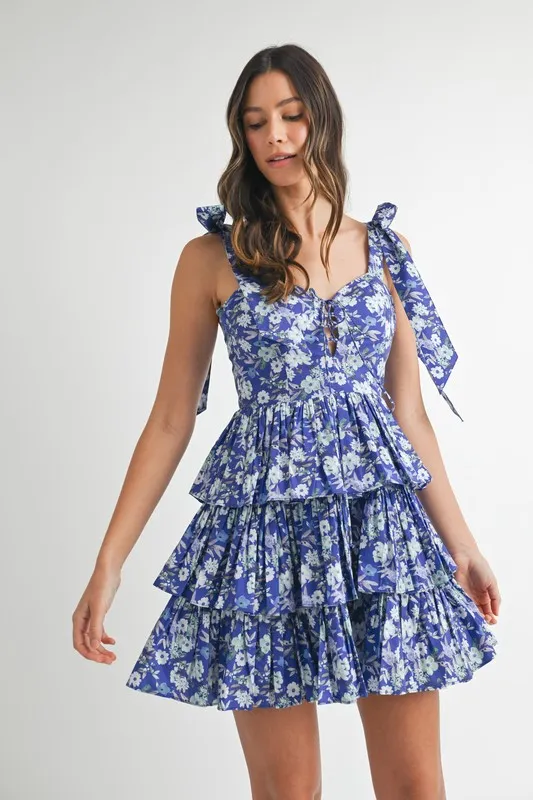 MABLE Floral Print Shoulder Tie Layered Mini Dress - Image 2
