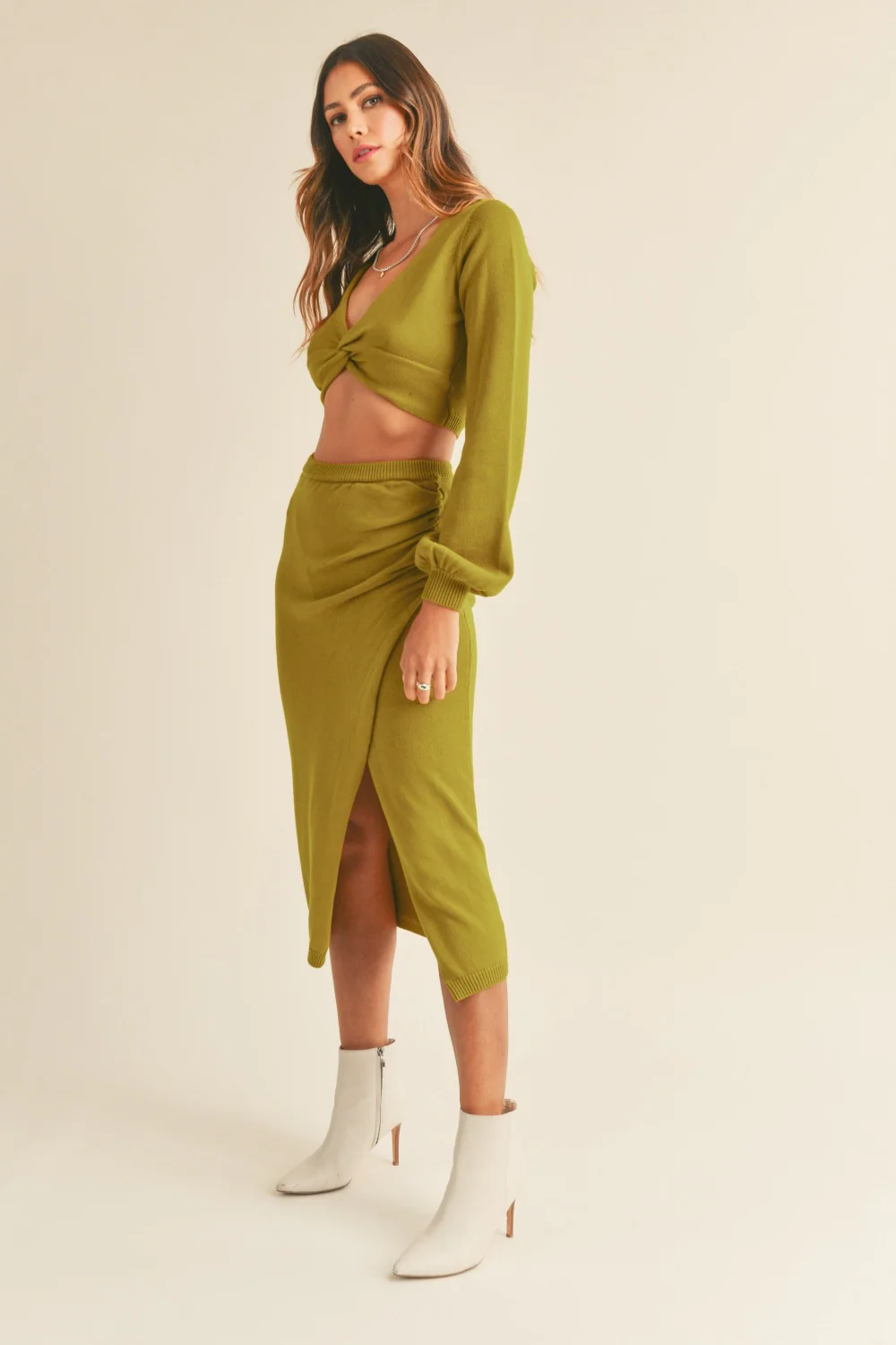MABLE Front Twisted Knit Top and Midi Skirt Set - Image 3