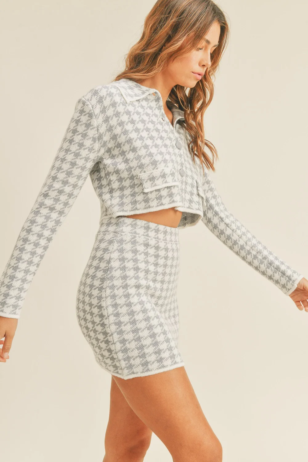 MABLE Houndstooth Cropped Knit Cardigan and Mini Skirt Set - Image 4
