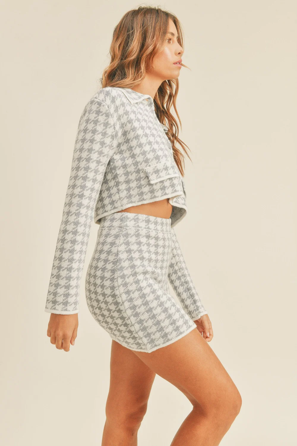 MABLE Houndstooth Cropped Knit Cardigan and Mini Skirt Set - Image 5