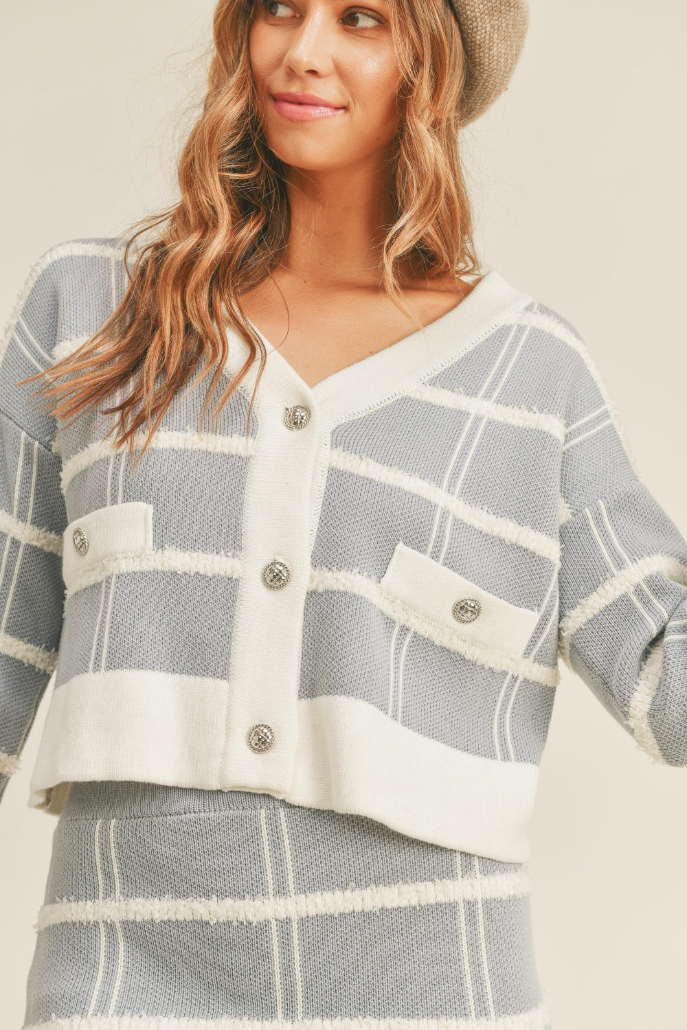 MABLE Plaid Button Down Sweater Cardigan and Mini Skirt Set - Image 5