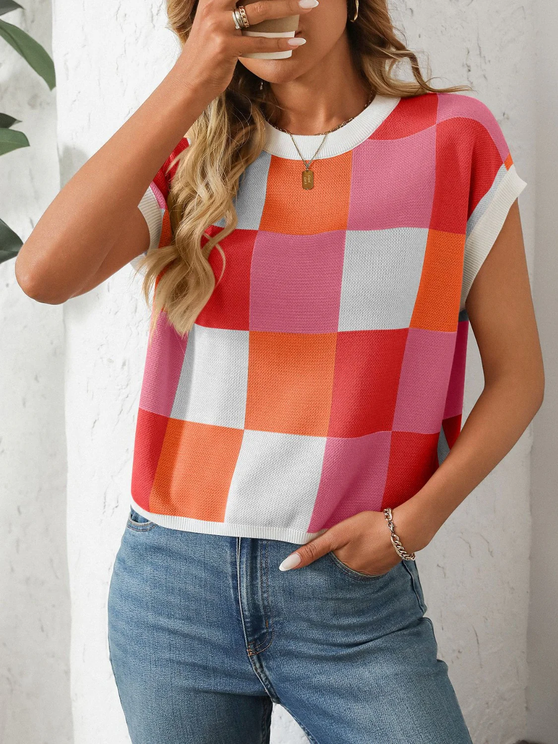 Mandy Checkered Round Neck Cap Sleeve Knit Top - Image 11