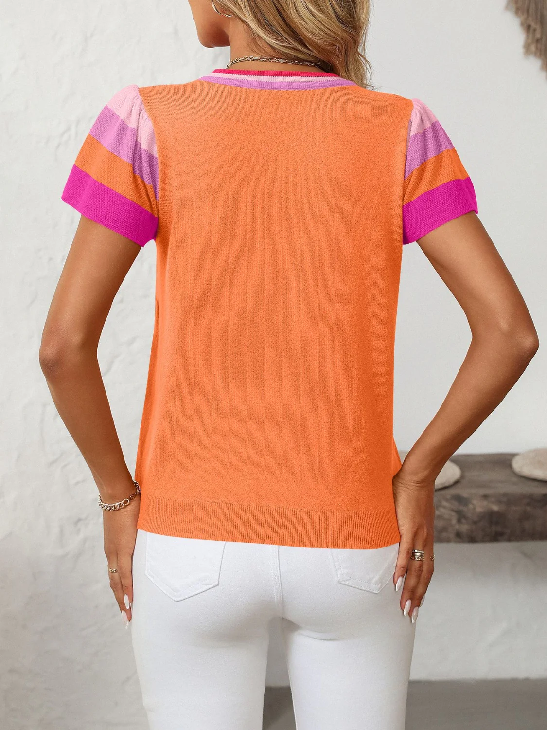 Mandy Contrast Round Neck Short Sleeve Knit Top - Image 19