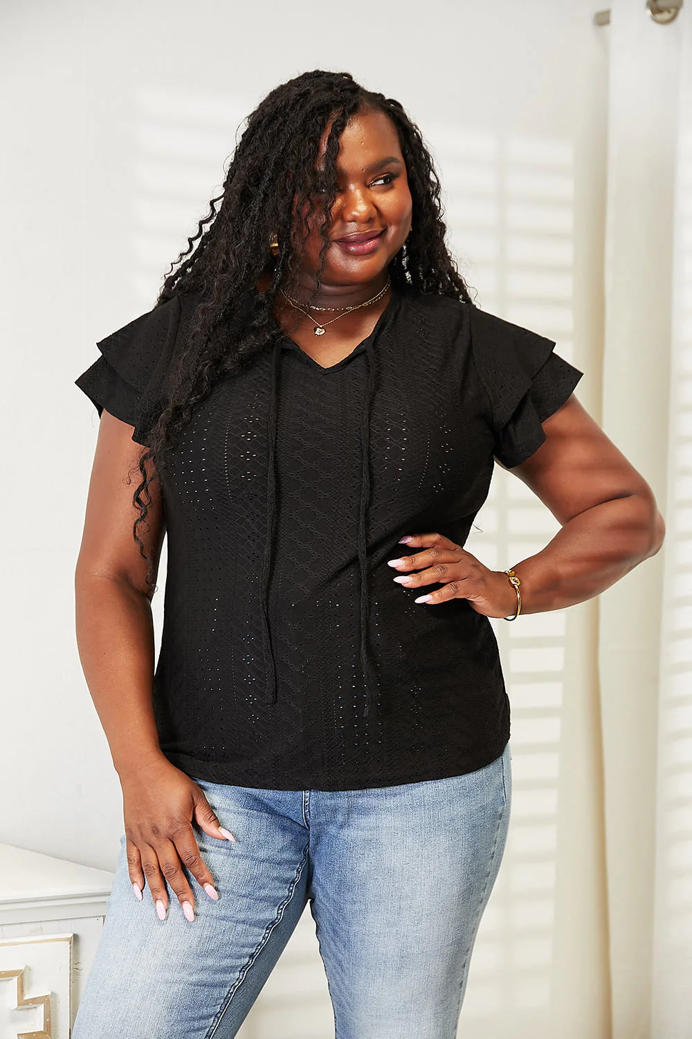 Mandy Eyelet Tie-Neck Flutter Sleeve Blouse - Image 5