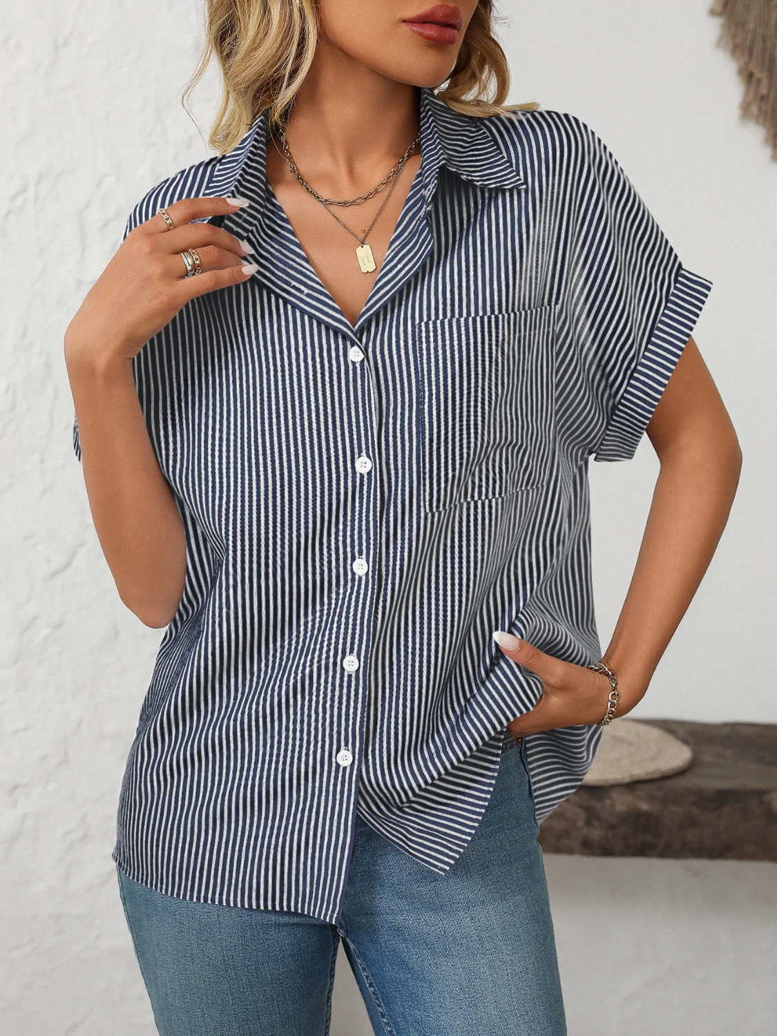 Mandy Pocketed Striped Collared Neck Short Sleeve Shirt - Image 7