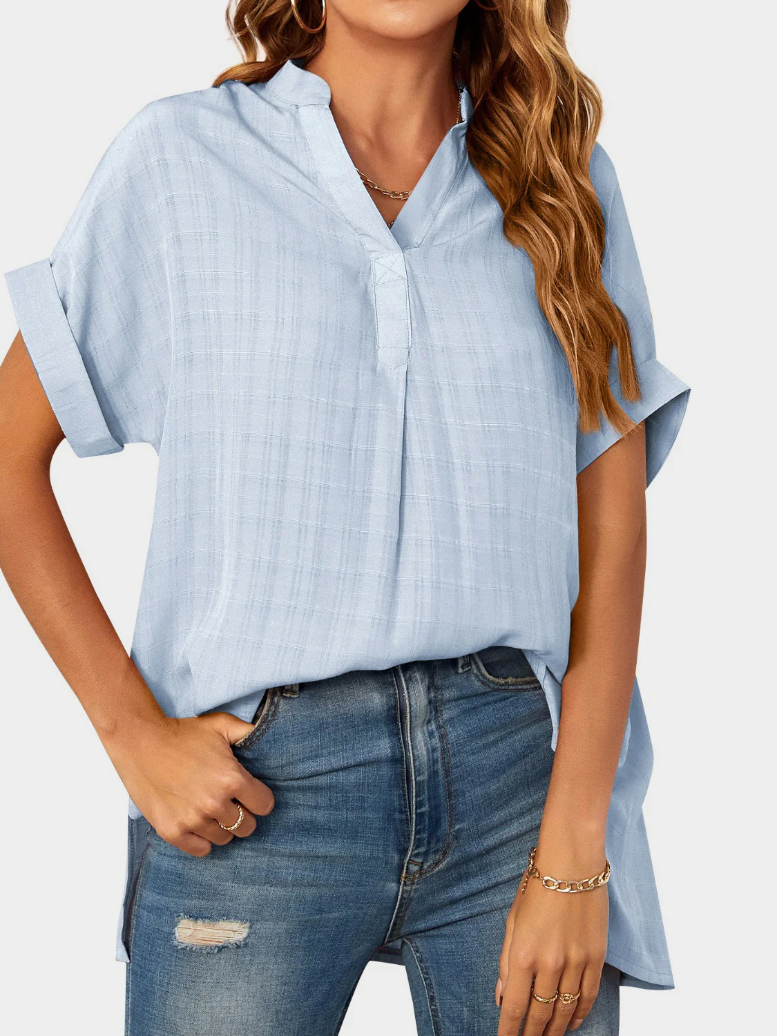 Mandy Side Slit Notched Short Sleeve Blouse - Image 11