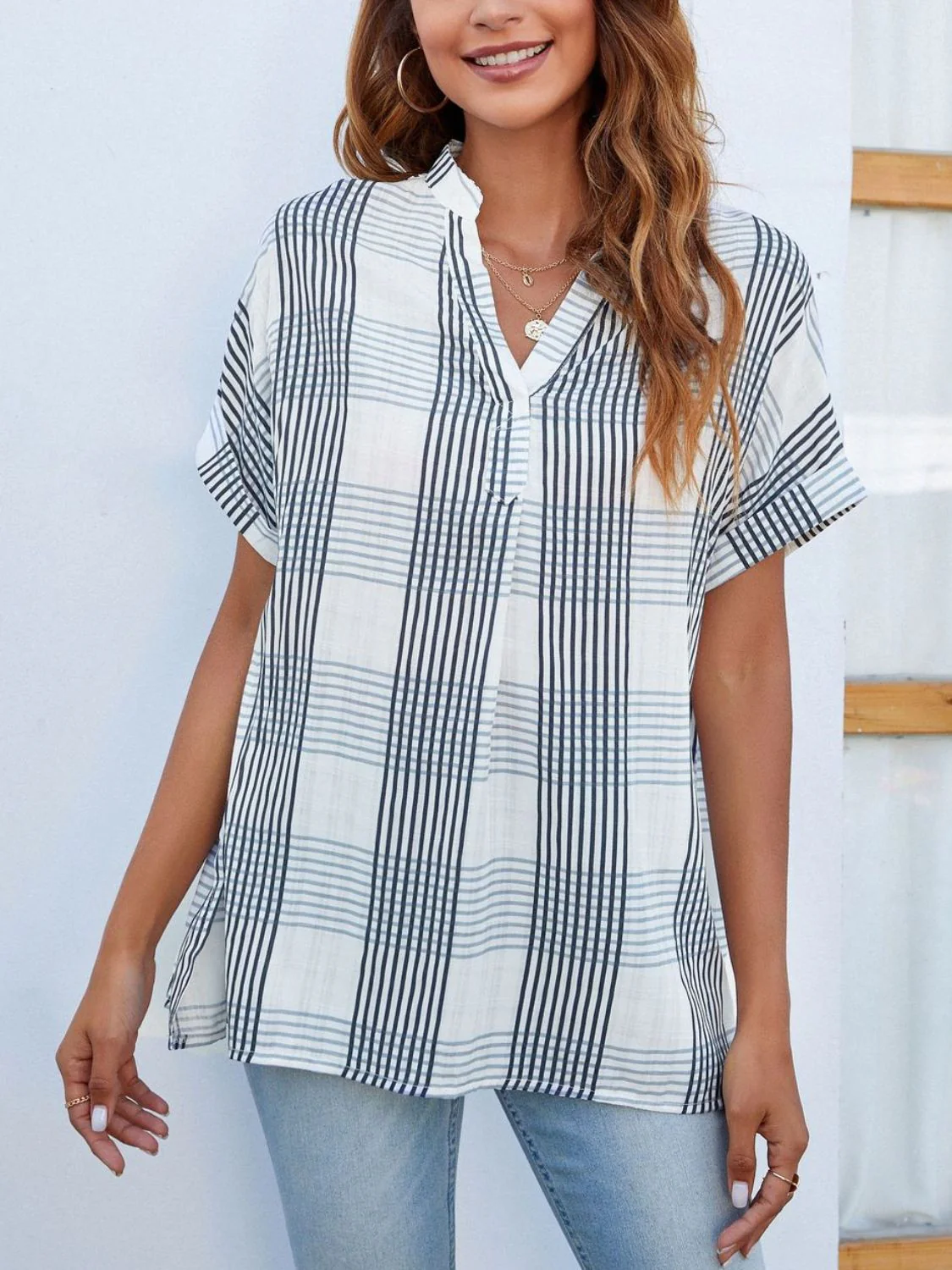 Mandy Side Slit Notched Short Sleeve Blouse - Image 2