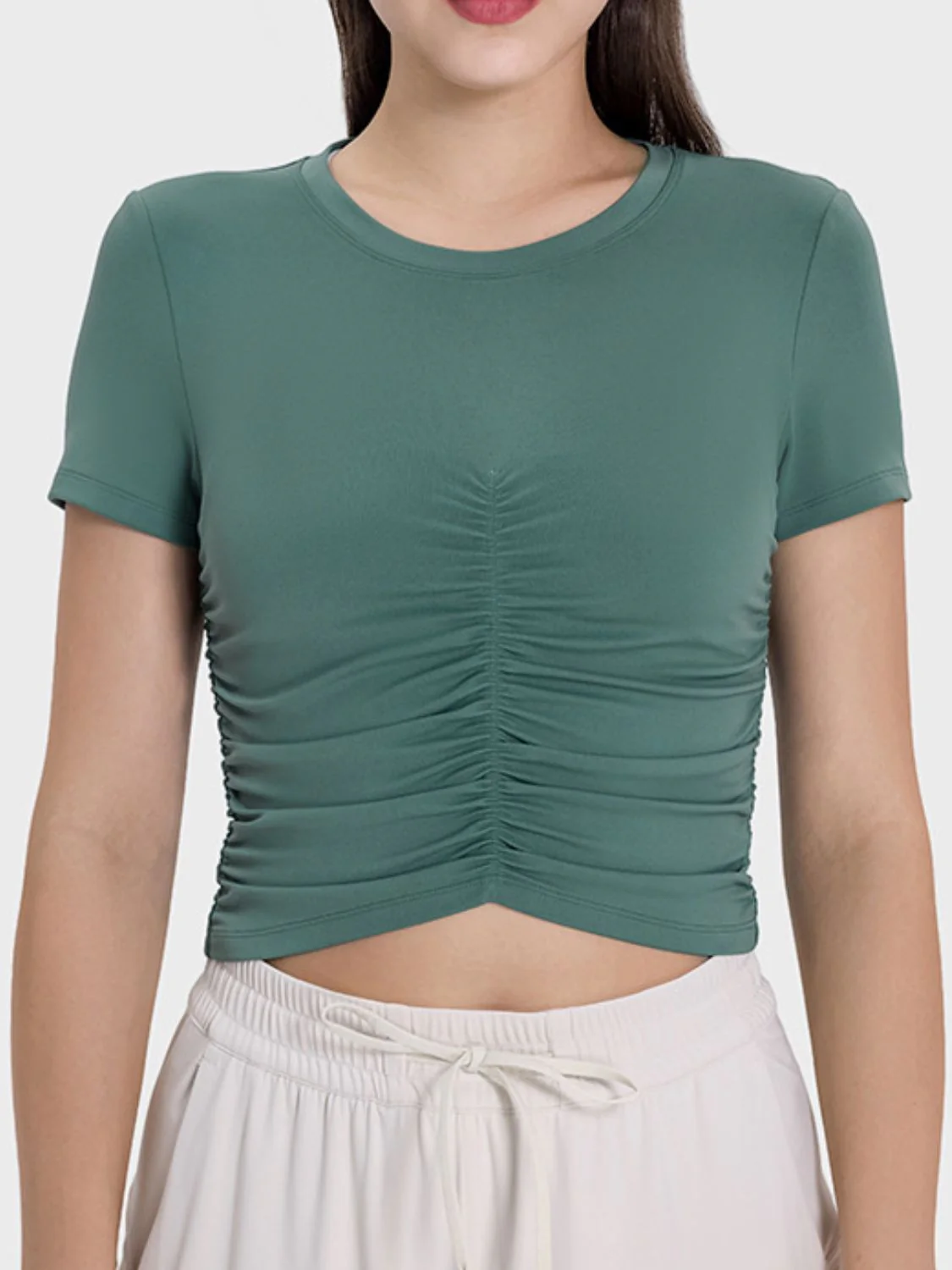 Millennia Ruched Round Neck Short Sleeve Active T-Shirt - Image 12