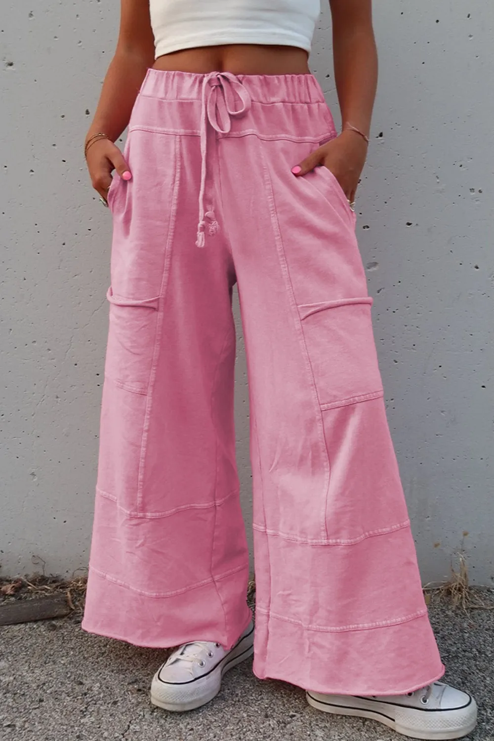 Mineral Wash Exposed Seam Drawstring High Waist Wide Leg Cargo Pants - Image 11