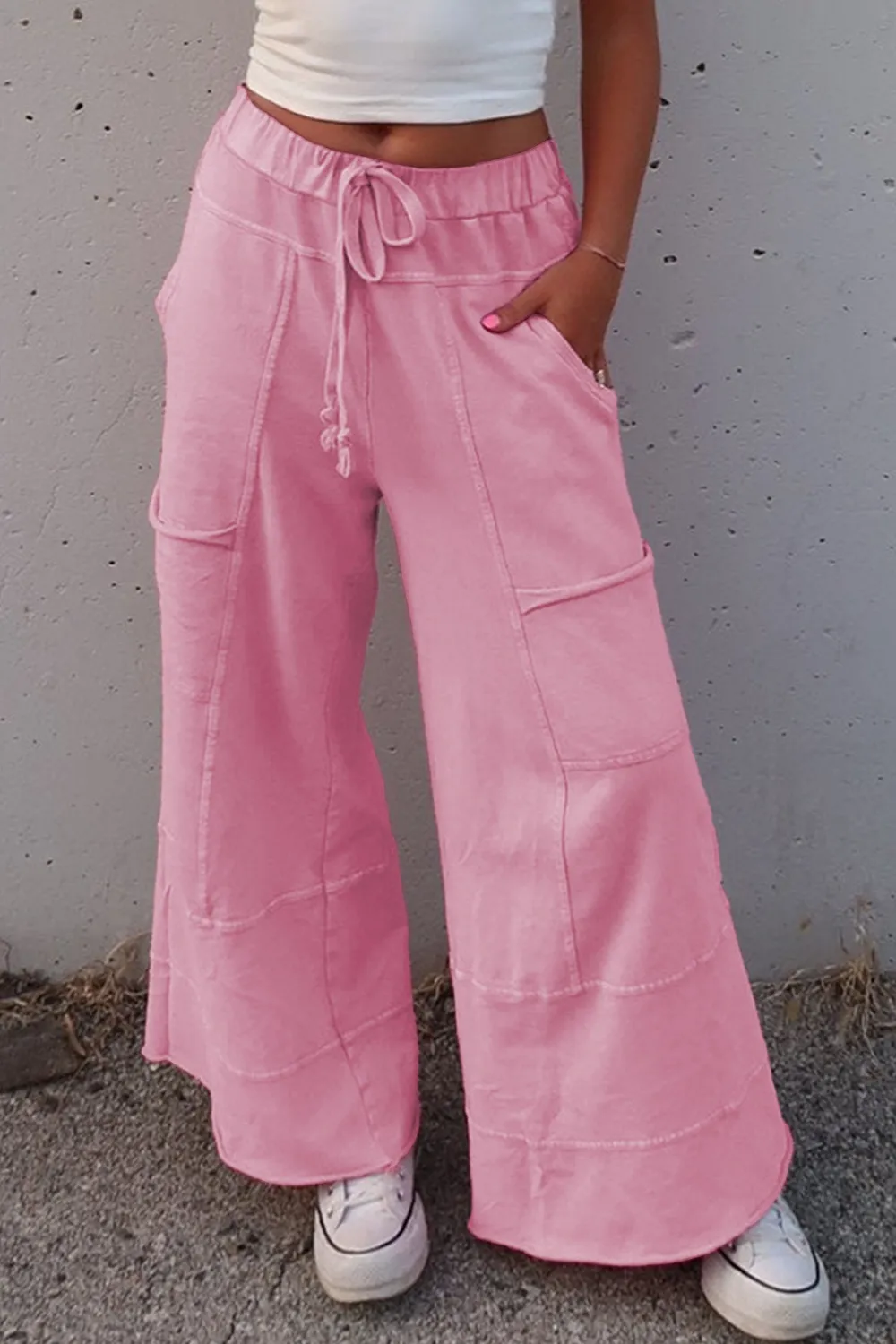 Mineral Wash Exposed Seam Drawstring High Waist Wide Leg Cargo Pants - Image 12