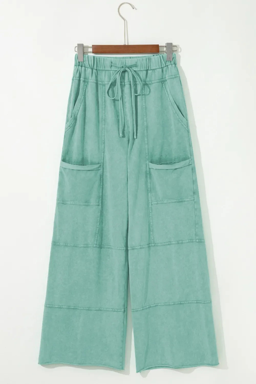 Mineral Wash Exposed Seam Drawstring High Waist Wide Leg Cargo Pants - Image 4