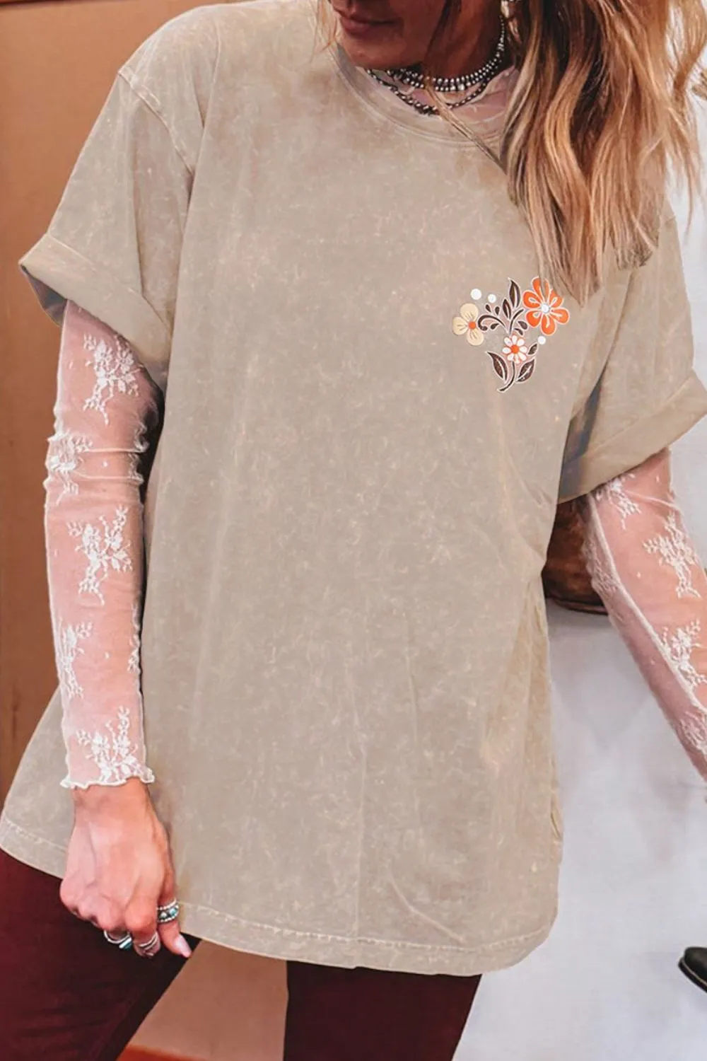 Mineral Wash Floral Steer Head Printed Back Western Fashion Tee - Image 2