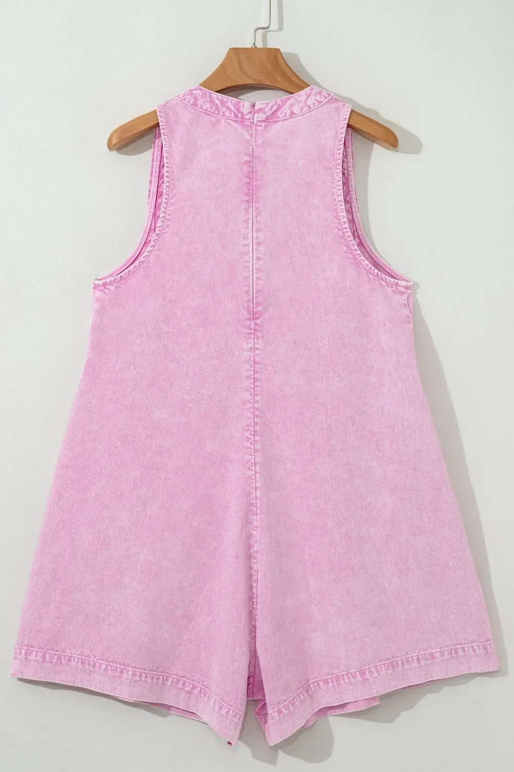 Mineral Wash Pleated Bust V Neck Sleeveless Denim Romper - Image 4
