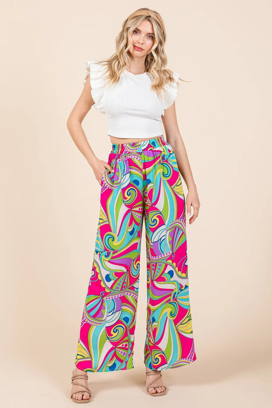 Mittoshop Abstract Print Elastic Waist Wide Leg Pants - Image 3
