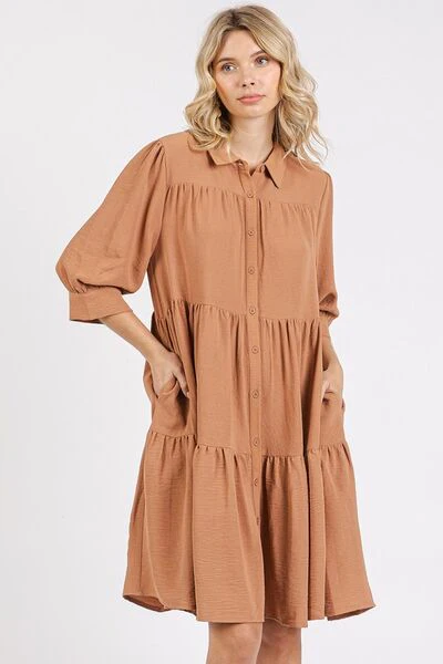 Mittoshop Button Detail Collared Neck Tiered Shirt Dress