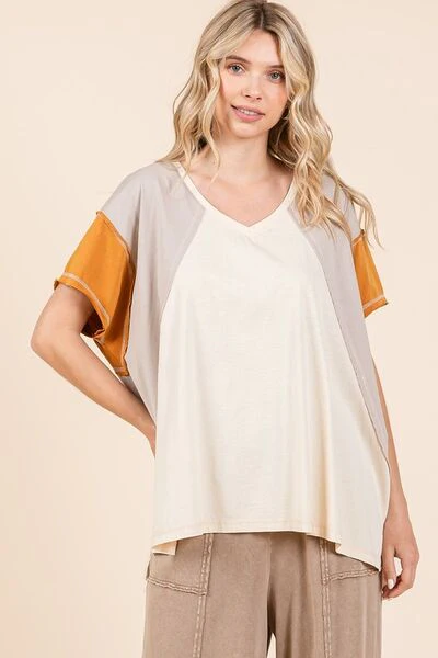 Mittoshop Color Block V-Neck Short Sleeve T-Shirt - Image 4