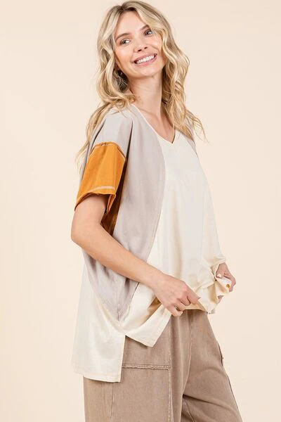 Mittoshop Color Block V-Neck Short Sleeve T-Shirt - Image 5