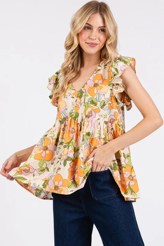 Mittoshop Floral V-Neck Ruffled Cap Sleeve Blouse - Image 3