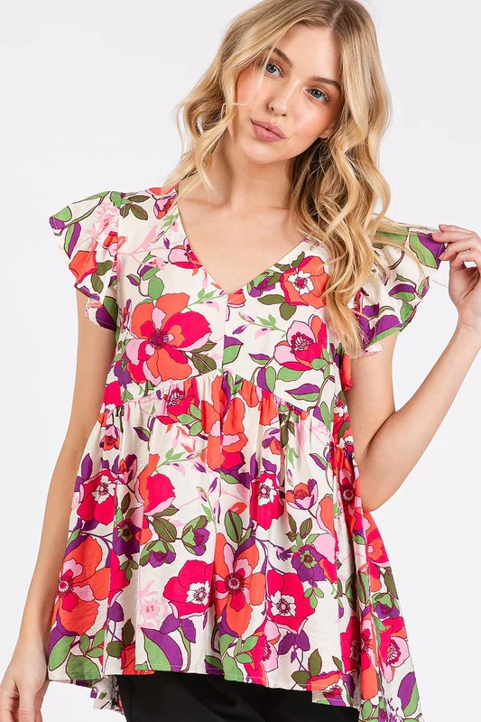 Mittoshop Floral V-Neck Ruffled Cap Sleeve Blouse - Image 2