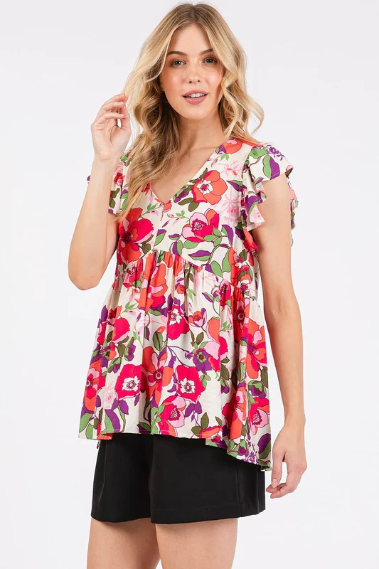 Mittoshop Floral V-Neck Ruffled Cap Sleeve Blouse - Image 3