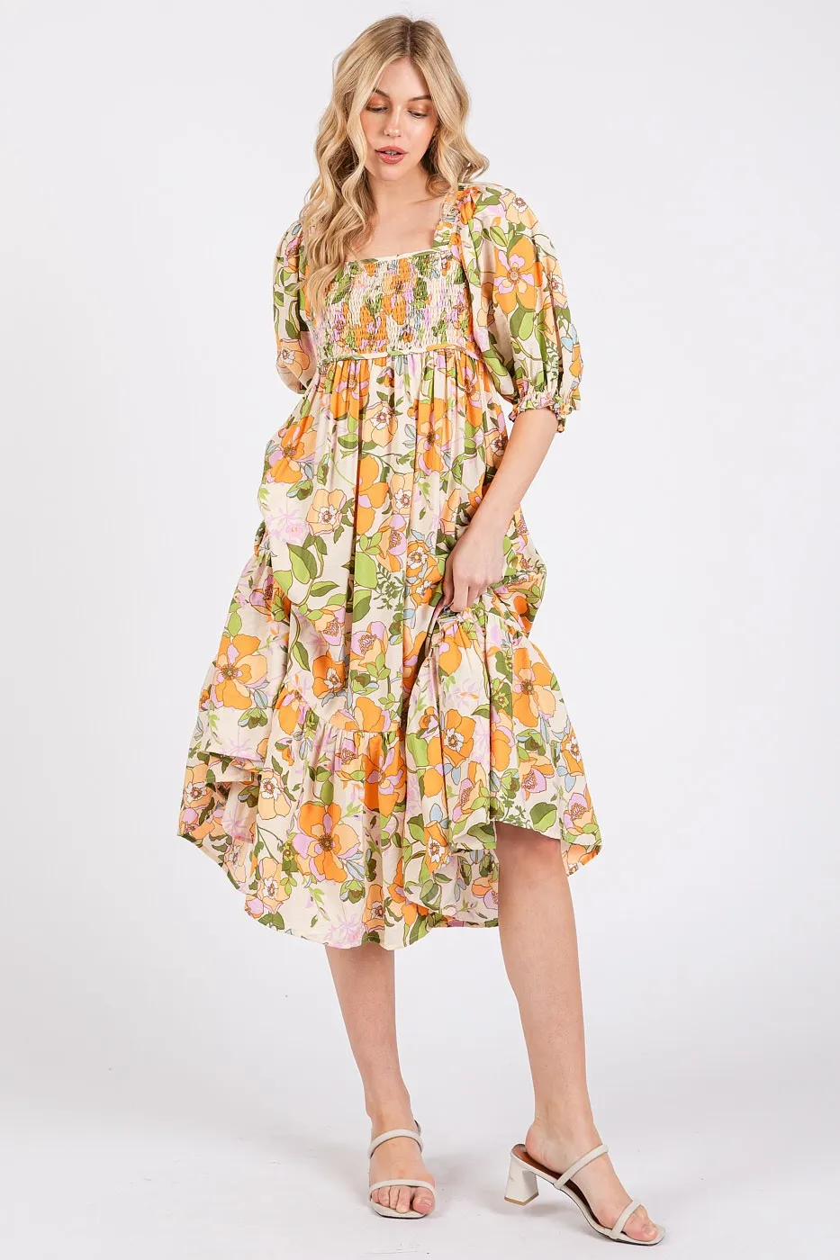 Mittoshop Flower Print Puff Sleeve Ruffle Smocked Midi Dress - Image 2