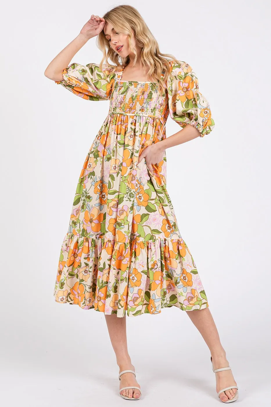 Mittoshop Flower Print Puff Sleeve Ruffle Smocked Midi Dress - Image 3