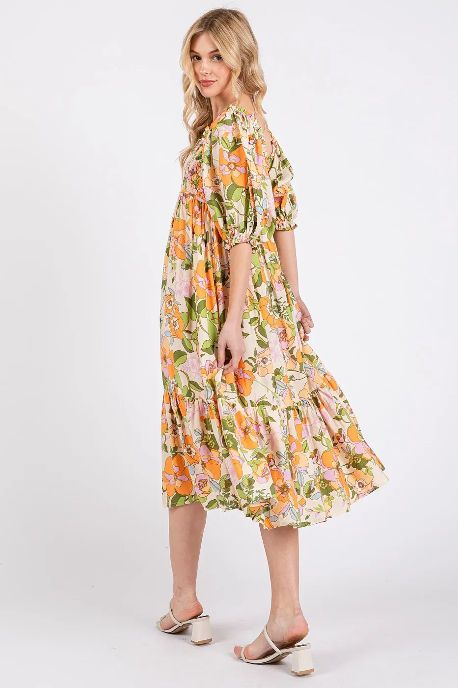 Mittoshop Flower Print Puff Sleeve Ruffle Smocked Midi Dress - Image 4