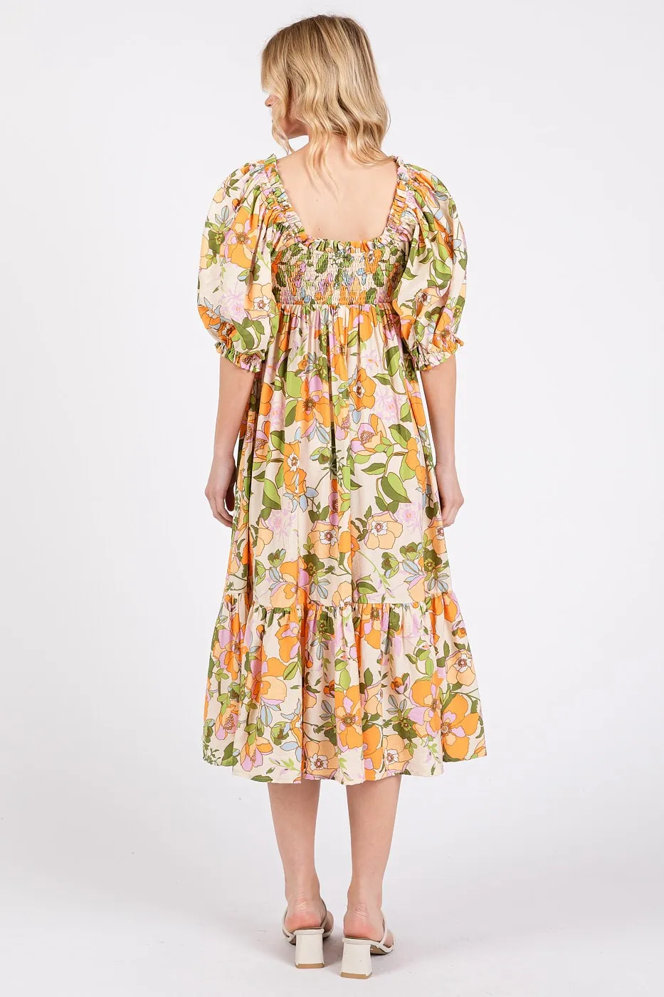 Mittoshop Flower Print Puff Sleeve Ruffle Smocked Midi Dress - Image 5