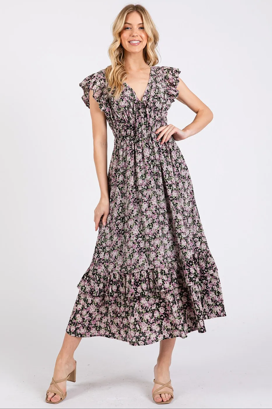 Mittoshop Flower Print Ruffle Cap Sleeve V-neck Midi Dress - Image 2