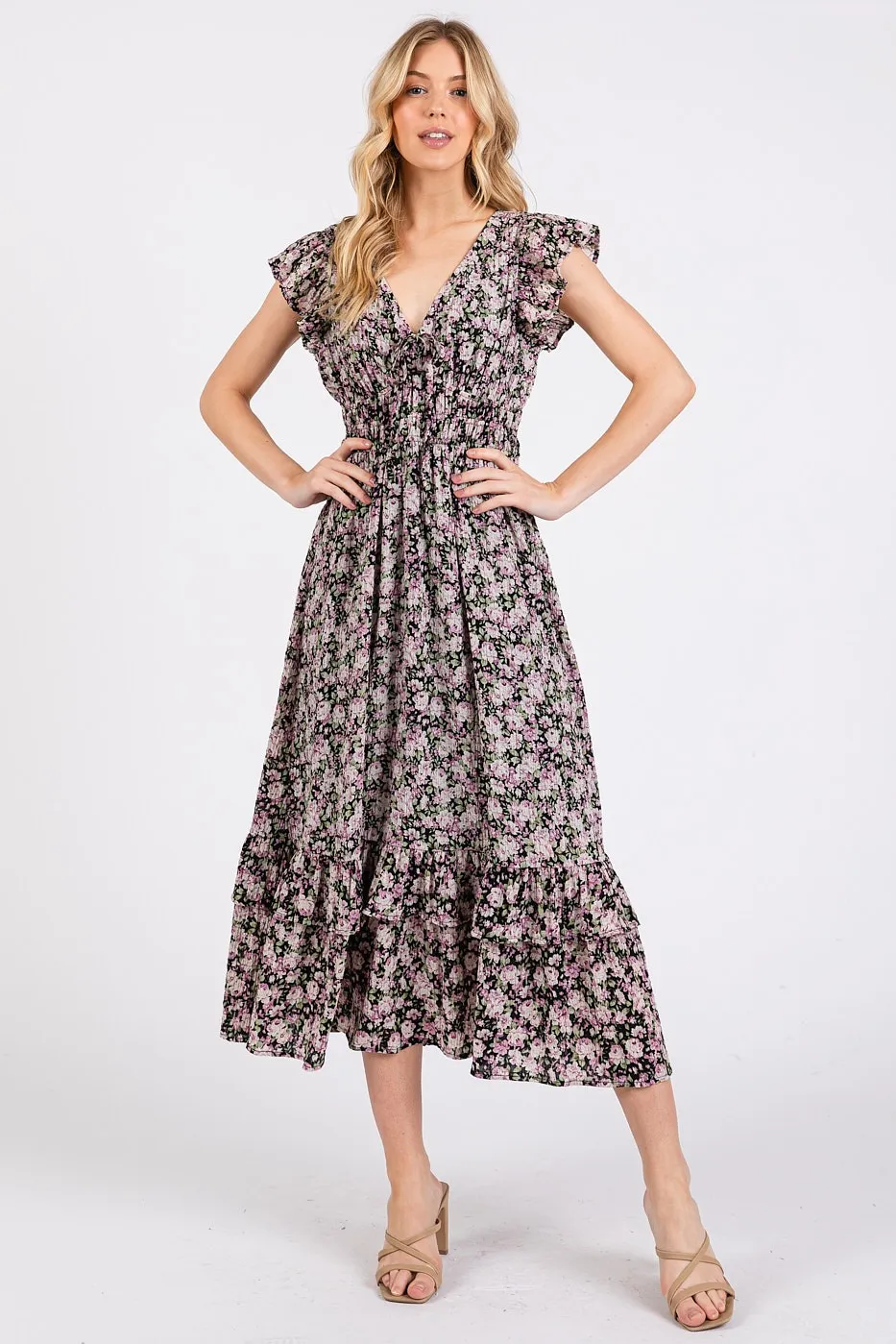 Mittoshop Flower Print Ruffle Cap Sleeve V-neck Midi Dress - Image 3