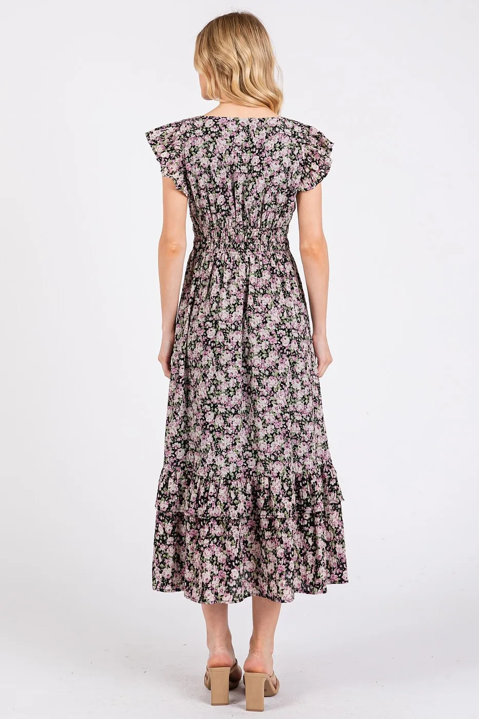 Mittoshop Flower Print Ruffle Cap Sleeve V-neck Midi Dress - Image 4