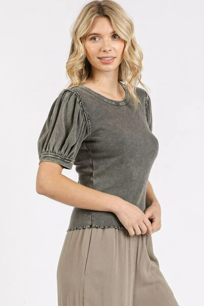 Mittoshop Mineral Wash Puff Sleeve Rib Knit Top - Image 3