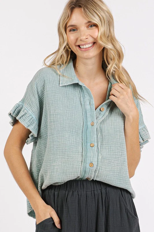 Mittoshop Mineral Washed Button Down Flounce Sleeve Shirt - Image 2