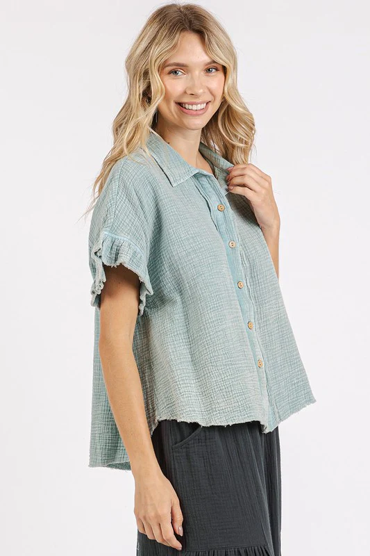 Mittoshop Mineral Washed Button Down Flounce Sleeve Shirt - Image 3
