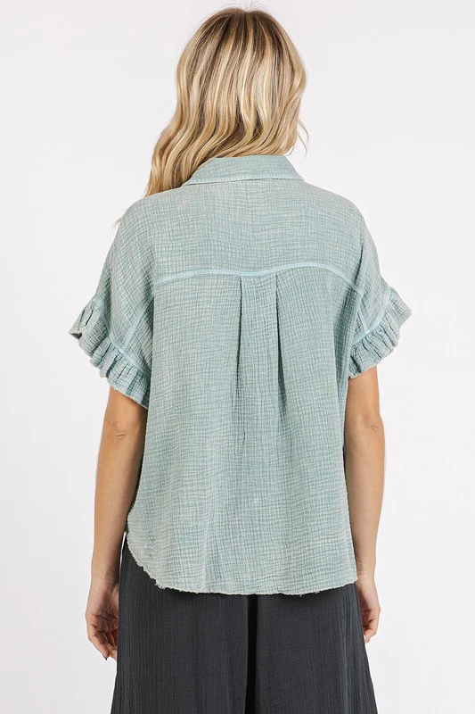 Mittoshop Mineral Washed Button Down Flounce Sleeve Shirt - Image 4