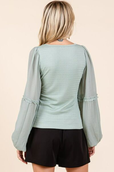Mittoshop Mixed Media Textured Knit Chiffon Long Sleeve Top - Image 2