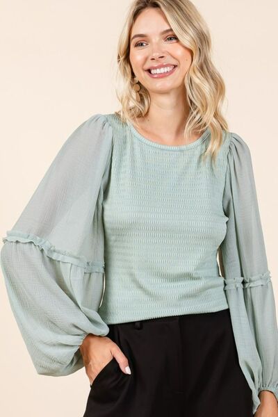 Mittoshop Mixed Media Textured Knit Chiffon Long Sleeve Top - Image 3