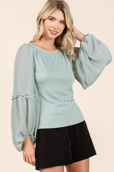 Mittoshop Mixed Media Textured Knit Chiffon Long Sleeve Top - Image 4
