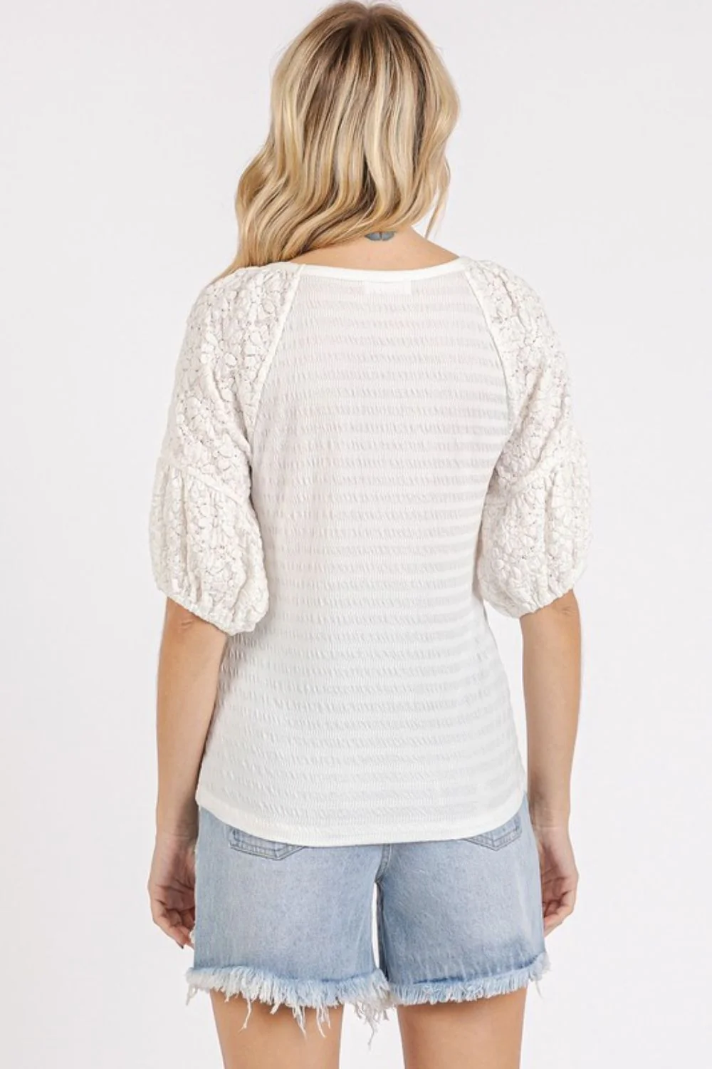Mittoshop Mixed Media Textured Knit Popcorn Puff Sleeve Blouse - Image 2