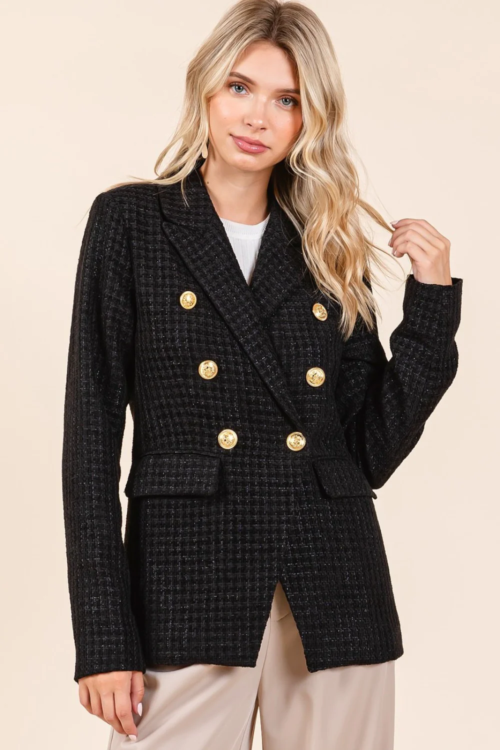 Mittoshop Plaid Texture Double-Breasted Long Sleeve Blazer - Image 6