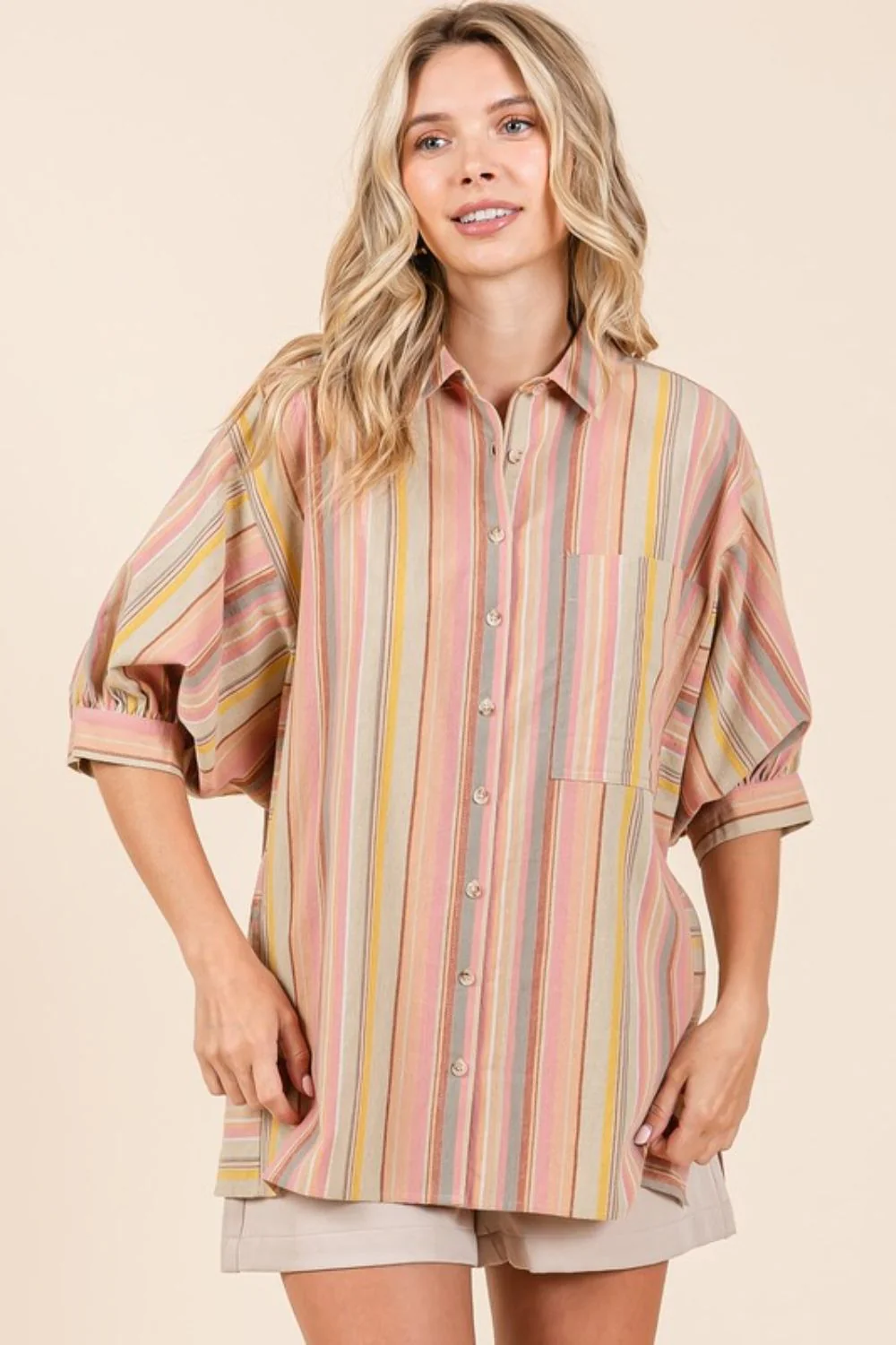 Mittoshop Striped Bubble Sleeve Button Down Shirt - Image 3