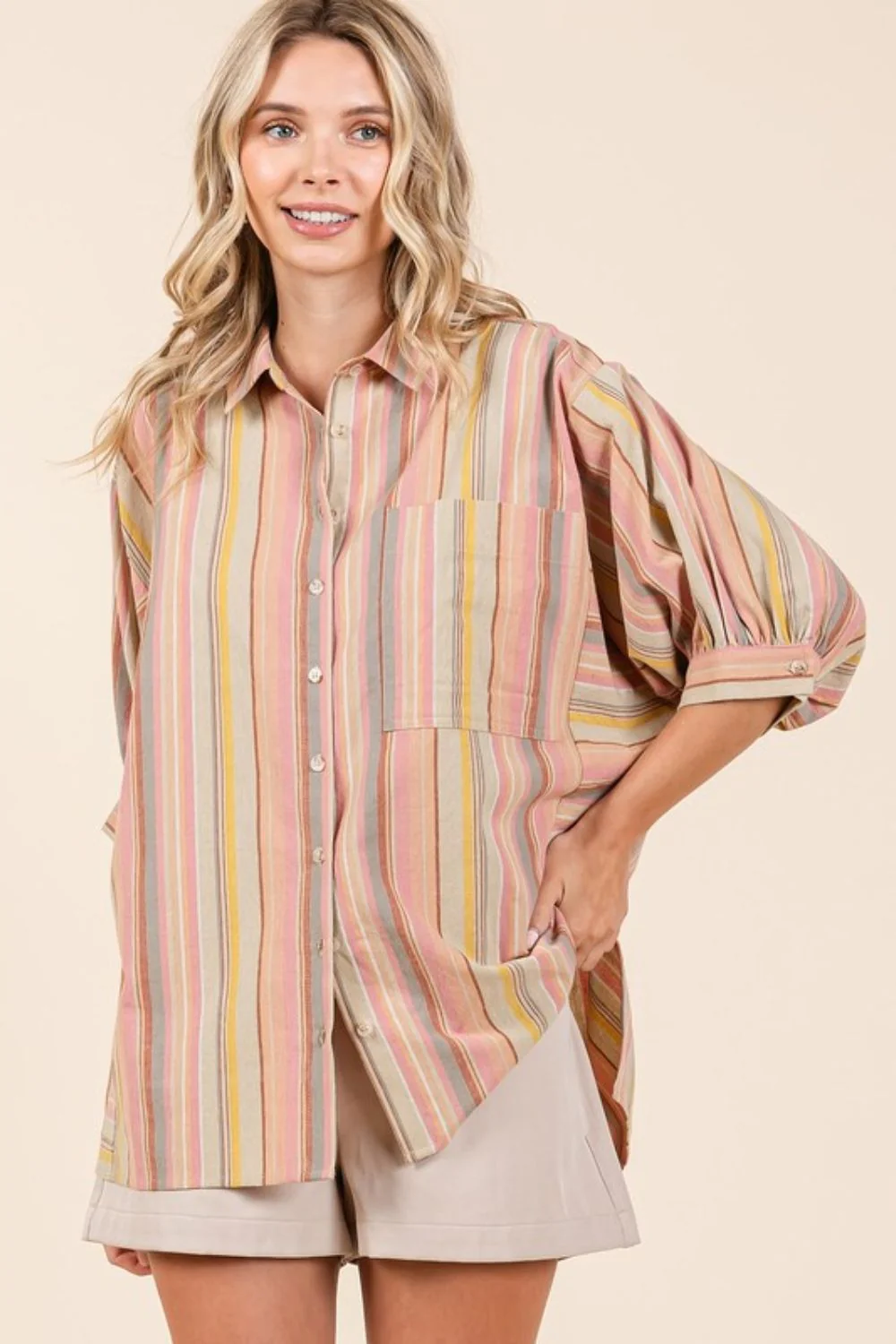 Mittoshop Striped Bubble Sleeve Button Down Shirt - Image 5
