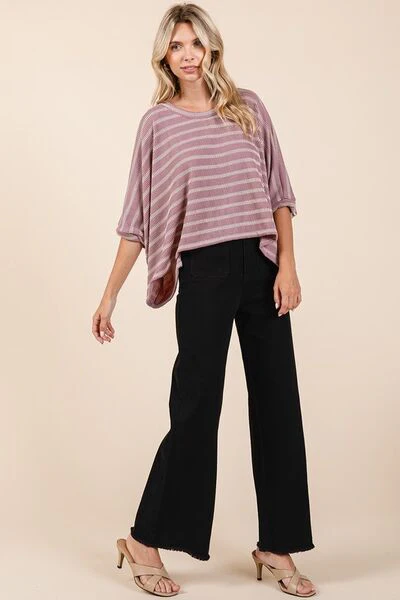 Mittoshop Texture Striped Print Round Neck Dolman Sleeve Top - Image 5